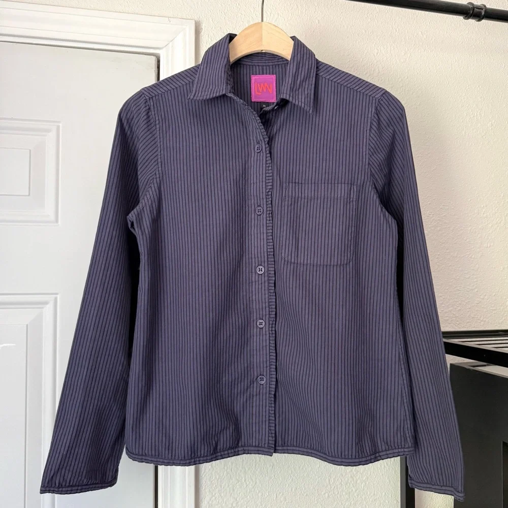 LWN navy indigo striped long sleeve‎ button up shirt